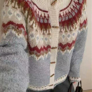Crew Neck Fair Isle Horn Button Knit Cardigan
